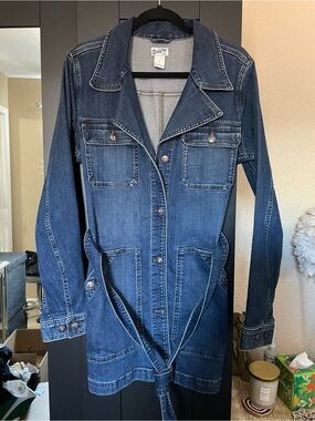 Duluth Trading Co Dark Blue Denim Belted Jean Jacket
